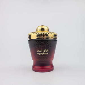 Bakhoor Raqayiq Al Oud premium incense chips featuring notes of oud, rose, and warm spices