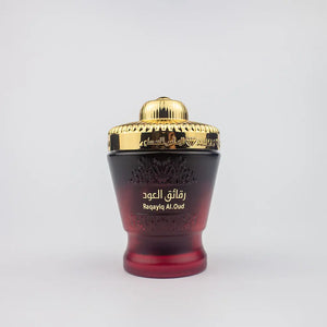 Bakhoor Raqayiq Al Oud premium incense chips featuring notes of oud, rose, and warm spices