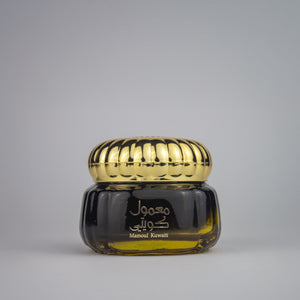 Mamoul Kuwaiti premium incense blocks in an elegant glass jar featuring Cambodian oud and sandalwood