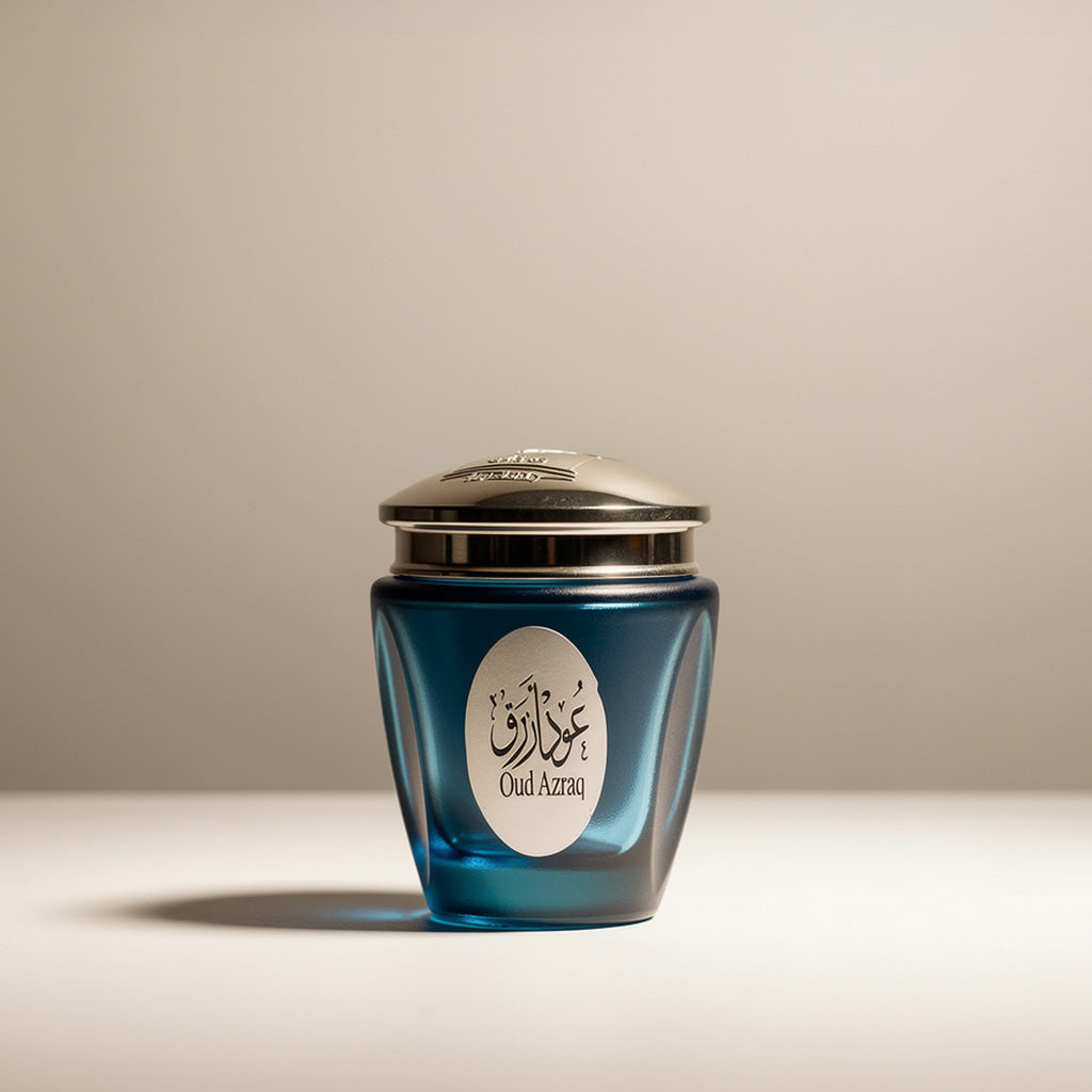 Bakhoor Blue Oud natural incense featuring notes of vanilla, swiss rose, saffron, and musk