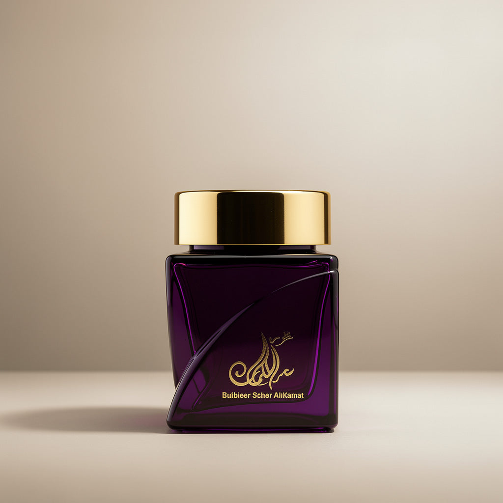 Bakhoor Saher Al Kalmat featuring an enchanting blend of woods, saffron, and sandalwood in a polished glass jar
