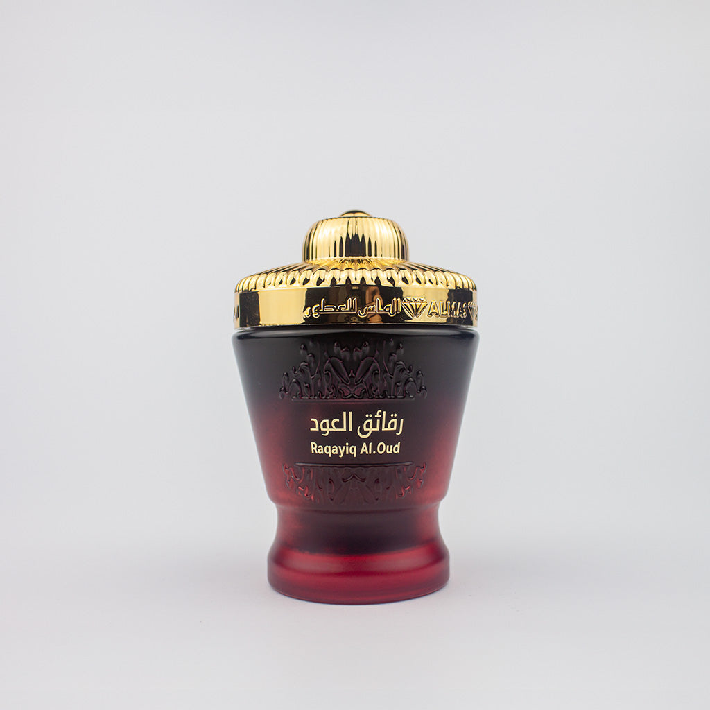 Bakhoor Raqayiq Al Oud premium incense chips featuring notes of oud, rose, and warm spices
