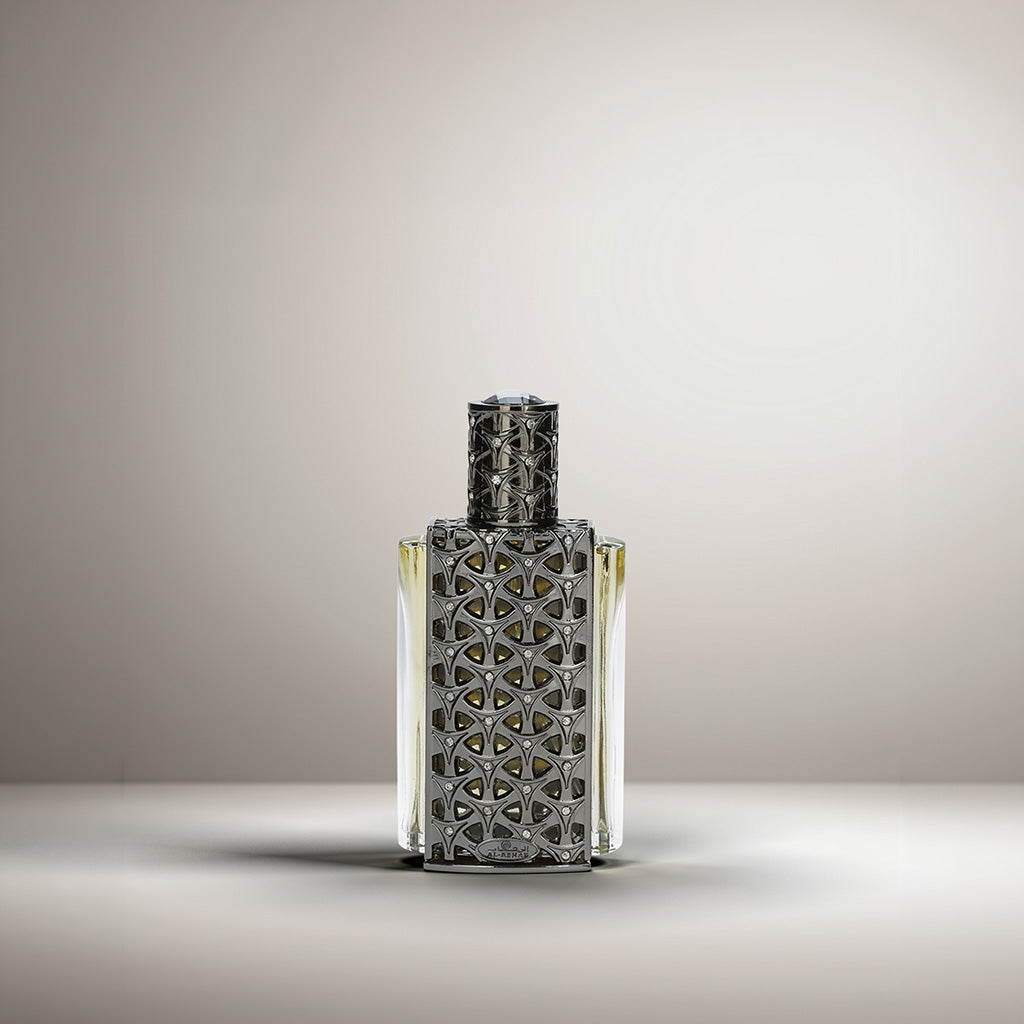 Arooq Al Oud perfume with oriental spices, rose, vanilla, amber, musk, and Indian sandalwood